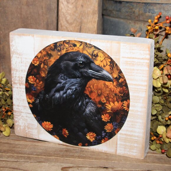 NEW Distressed Raven Crow Black Bird Farmhouse Fall Wall Decor Pallet Box Sign - Picture 2 of 3